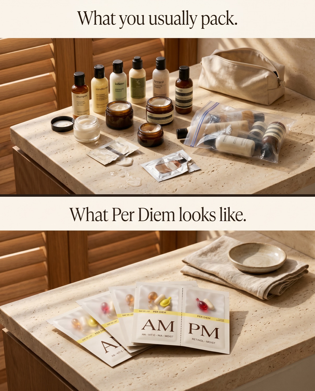 Two halves of a hotel bathroom counter, toiletry sprawl above, seven Layover sachets fanned below.