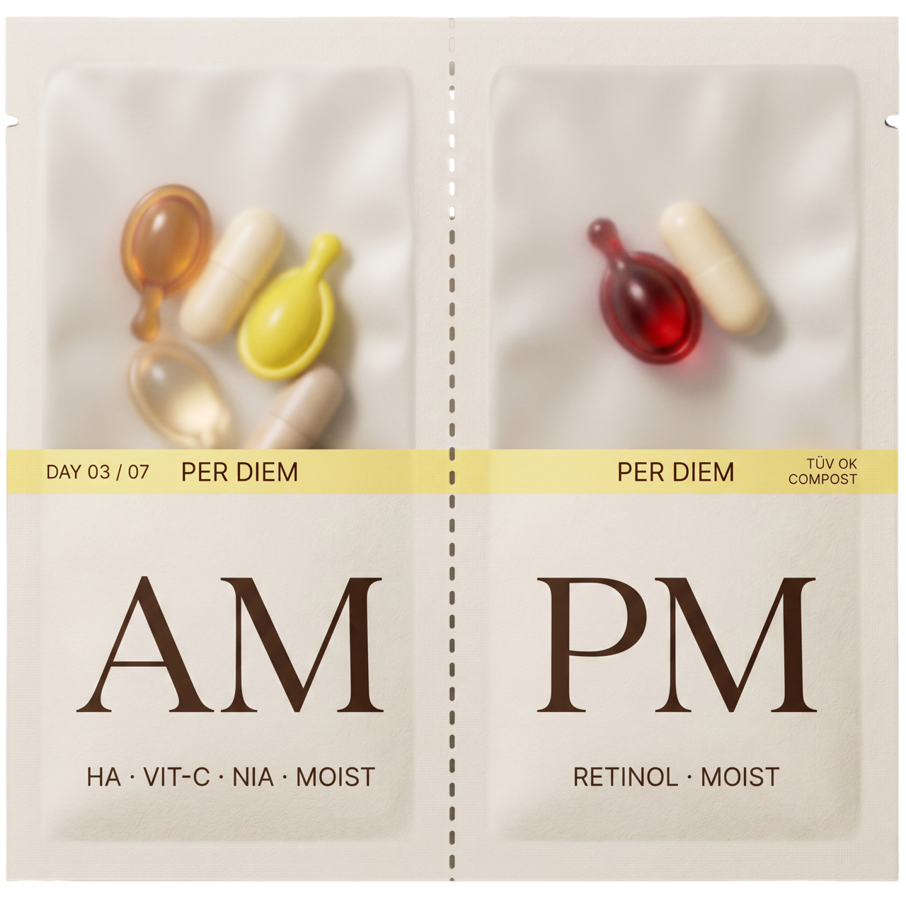 Layover day-pack. Square, AM left and PM right, tears in the middle. Frosted top showing capsules, paper-foil bottom, banana-yellow brand stripe.