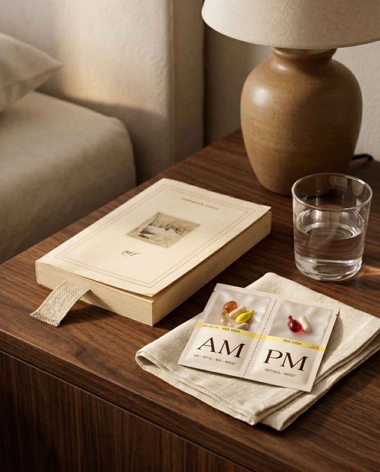 Hotel nightstand with a paperback, a glass of water, and a Layover sachet on a folded linen napkin.